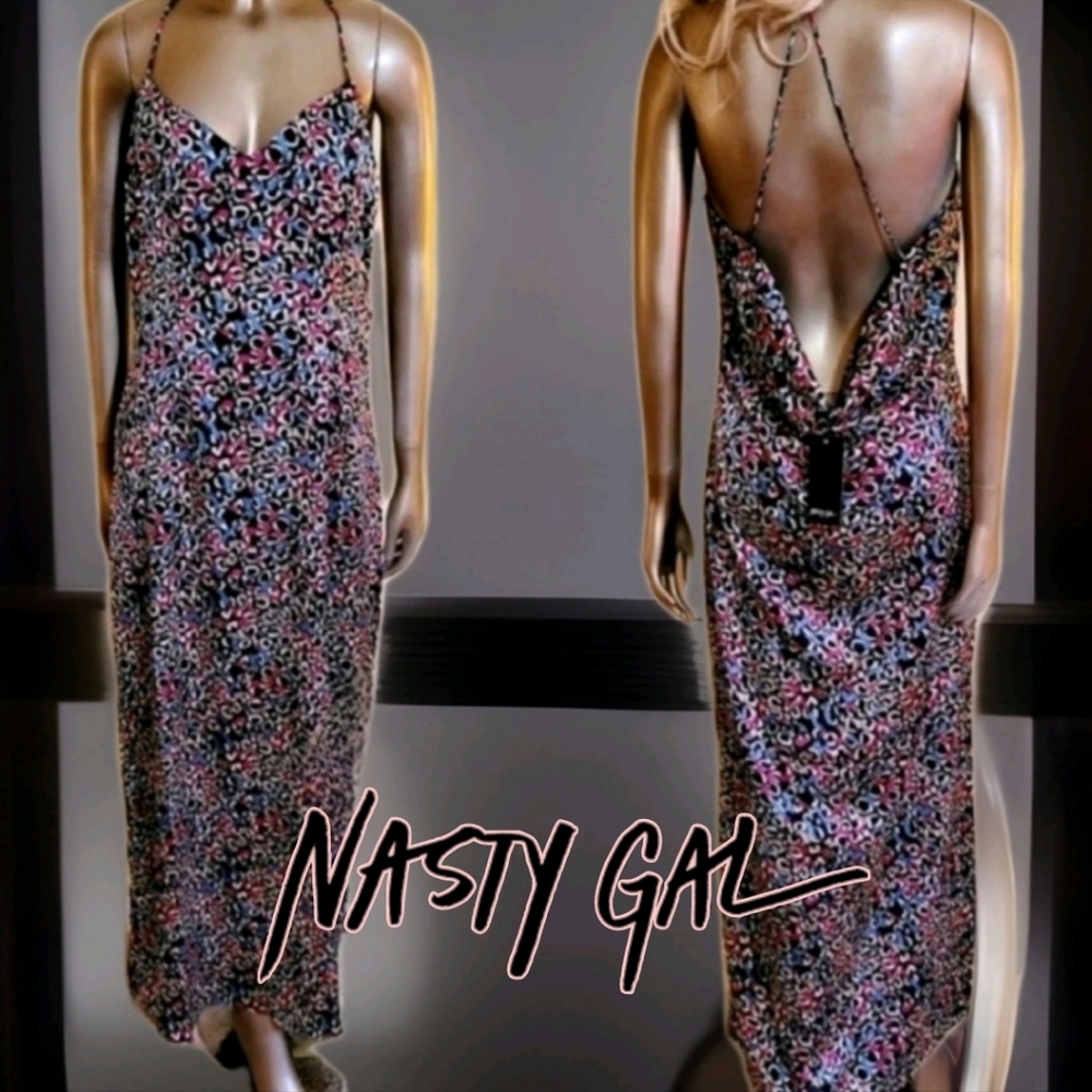 NWT Nasty Gal Multi-Colored Leopard Print Backless Cowl Neck Maxi Dress Sz 8